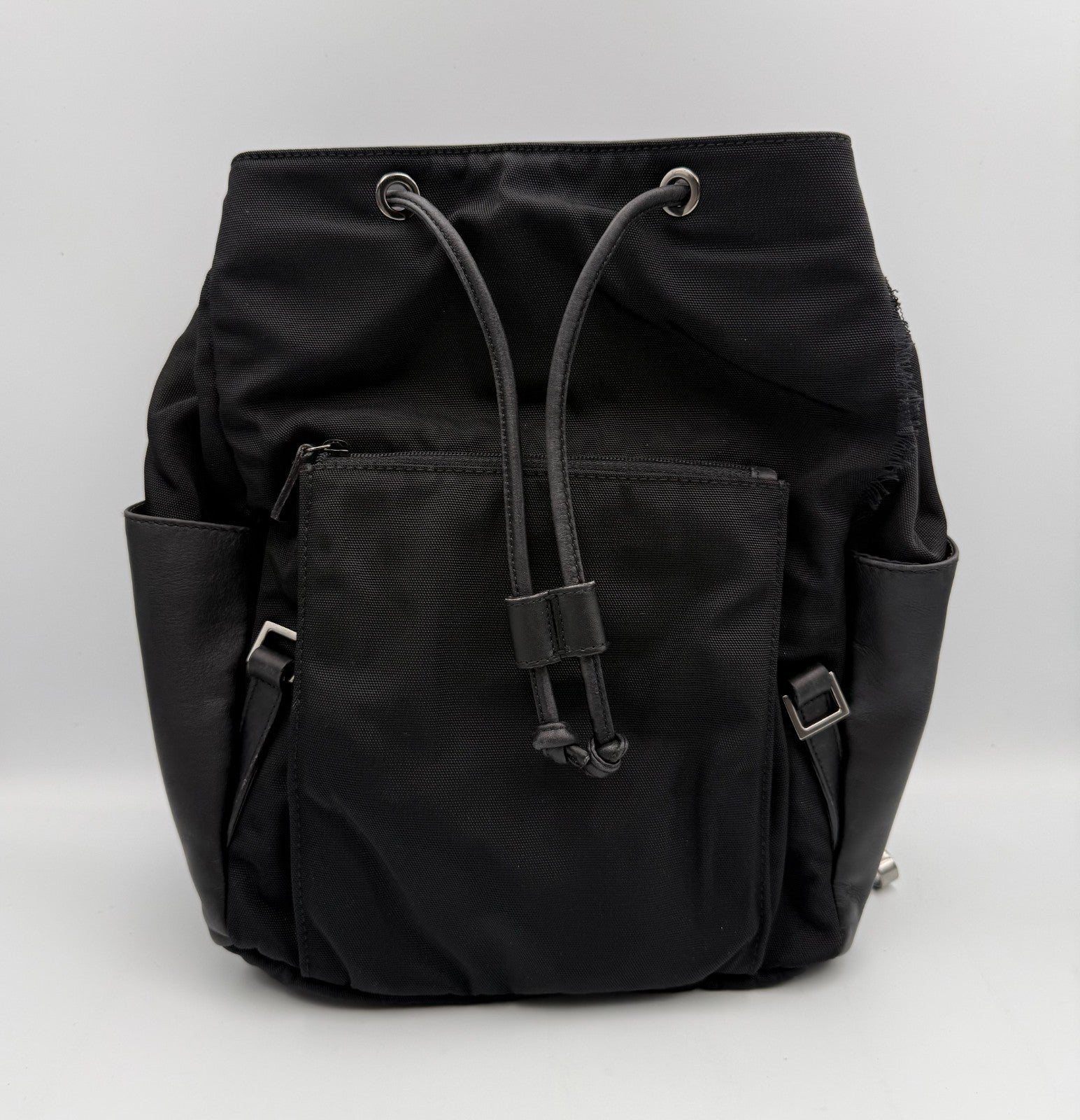 Gucci Backpack Unisex Nylon Leather Black Embossed Logo Flap Drawstring Buckle