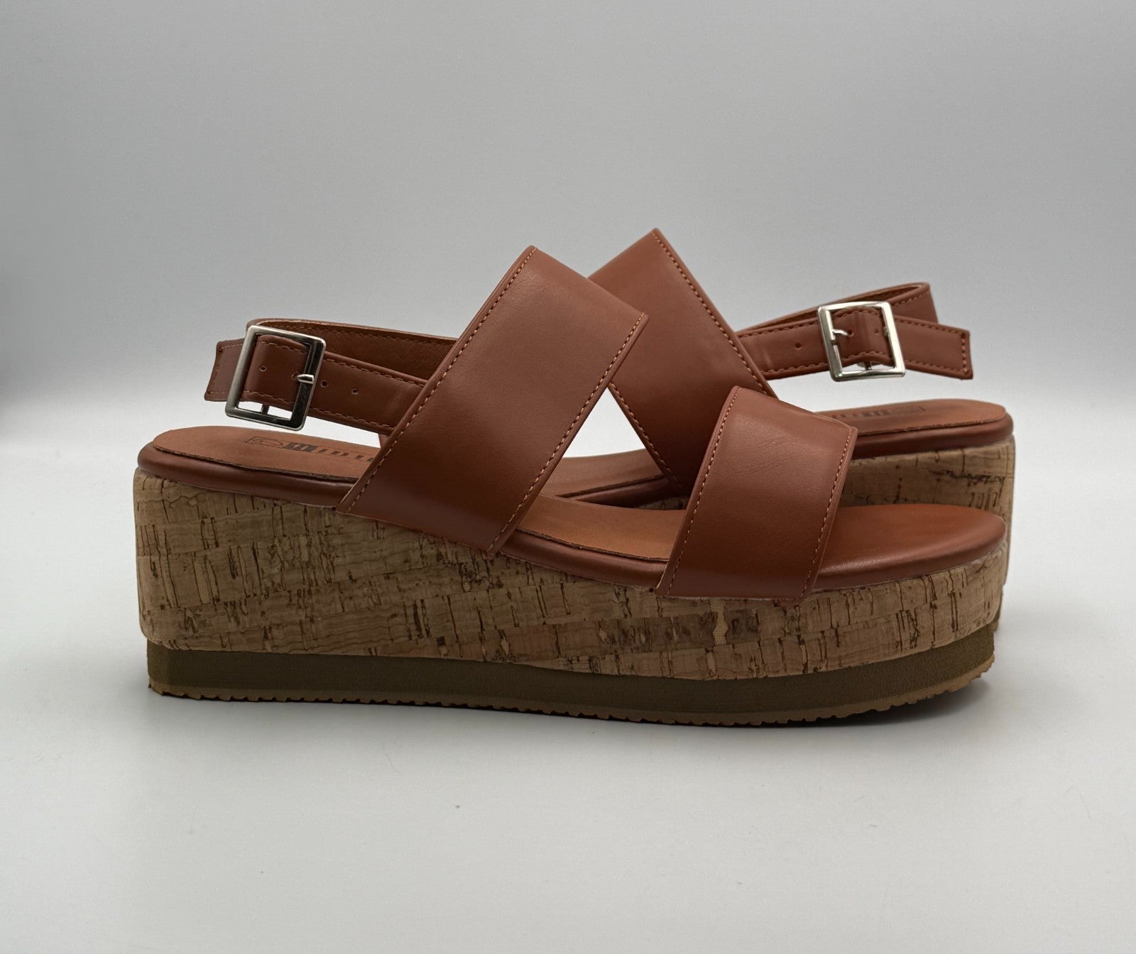 IDIFU Double-Strap Platform Sandals Women's 7 Brown Slingback Comfort Wedge Heel