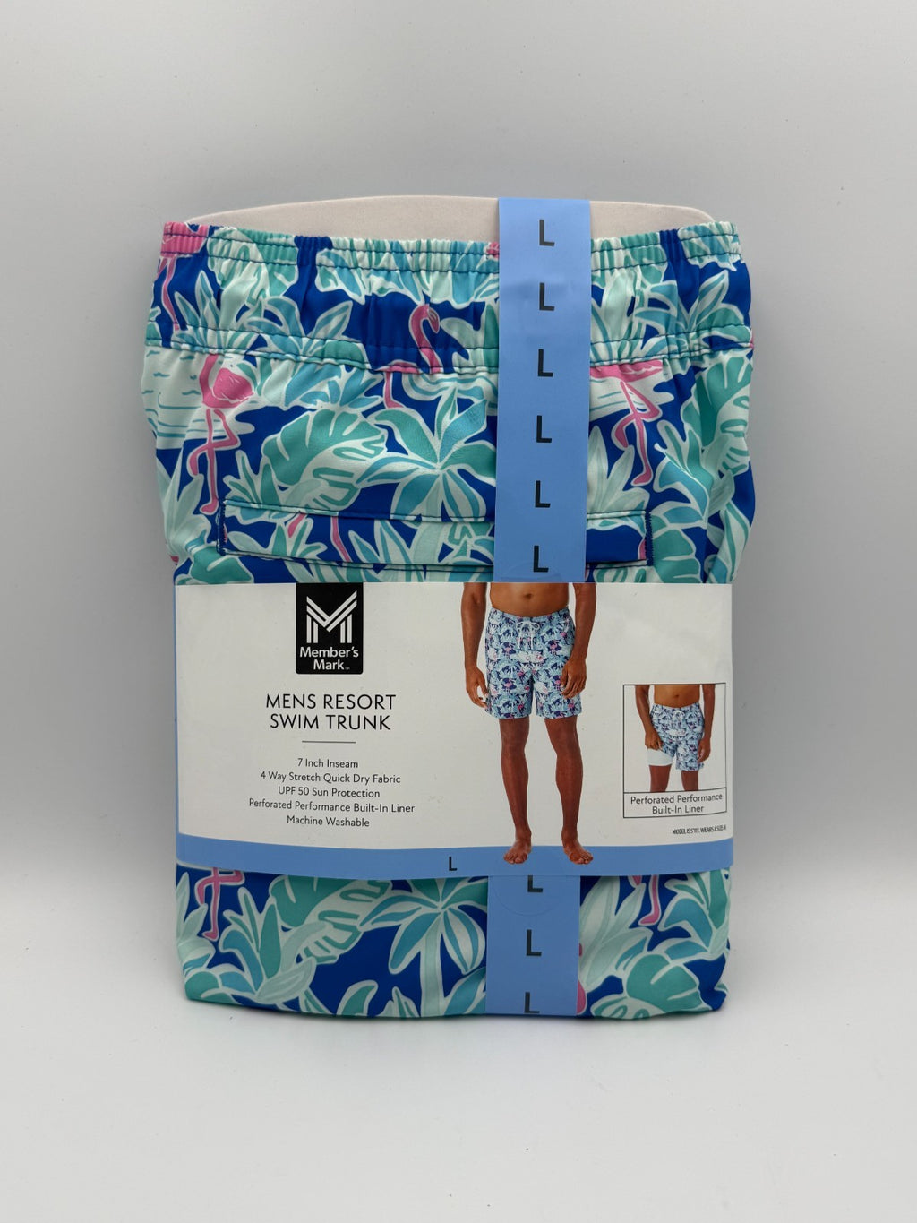 NWT Member's Mark Resort Swim Trunks Men Large Blue Flamingo Lined 4-Way Stretch