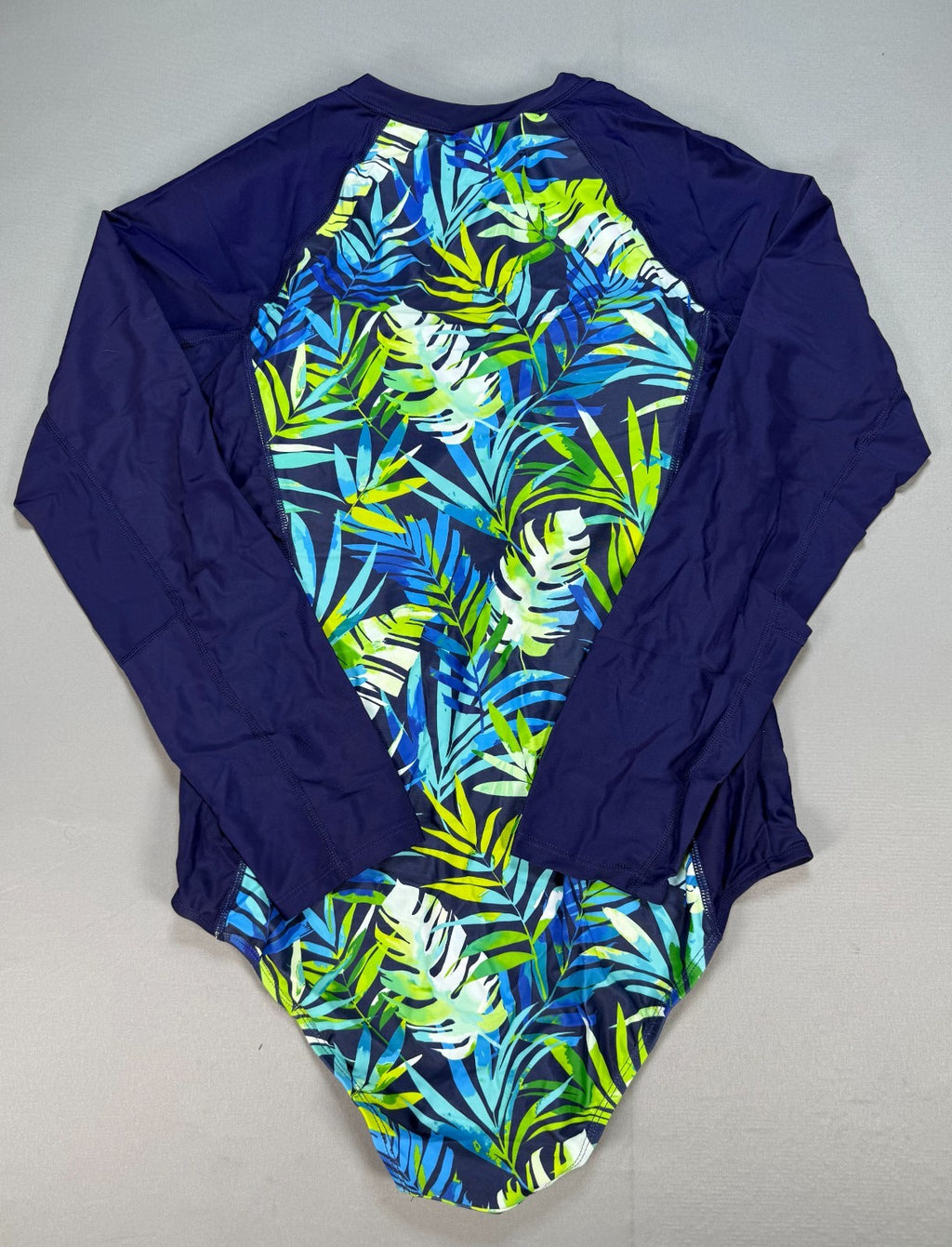 NWT Daci One Piece Swimsuit Women's Large Blue Tropical Leaf Summer Long Sleeve