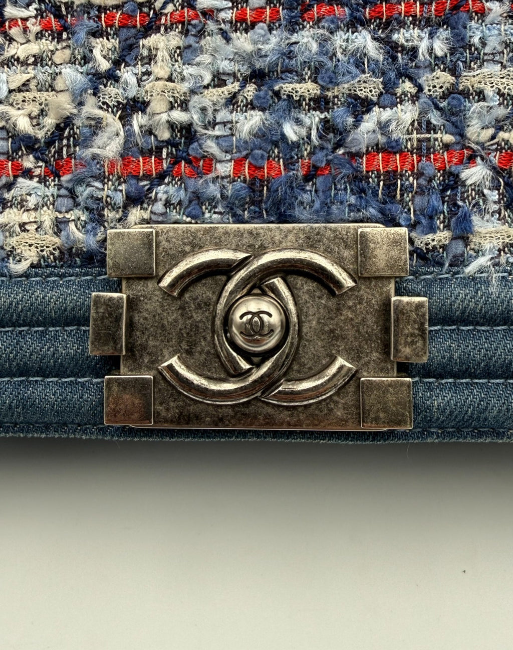 Chanel Shoulder Bag Boy Medium Navy Blue Denim Tweed Streetwear Authentic
