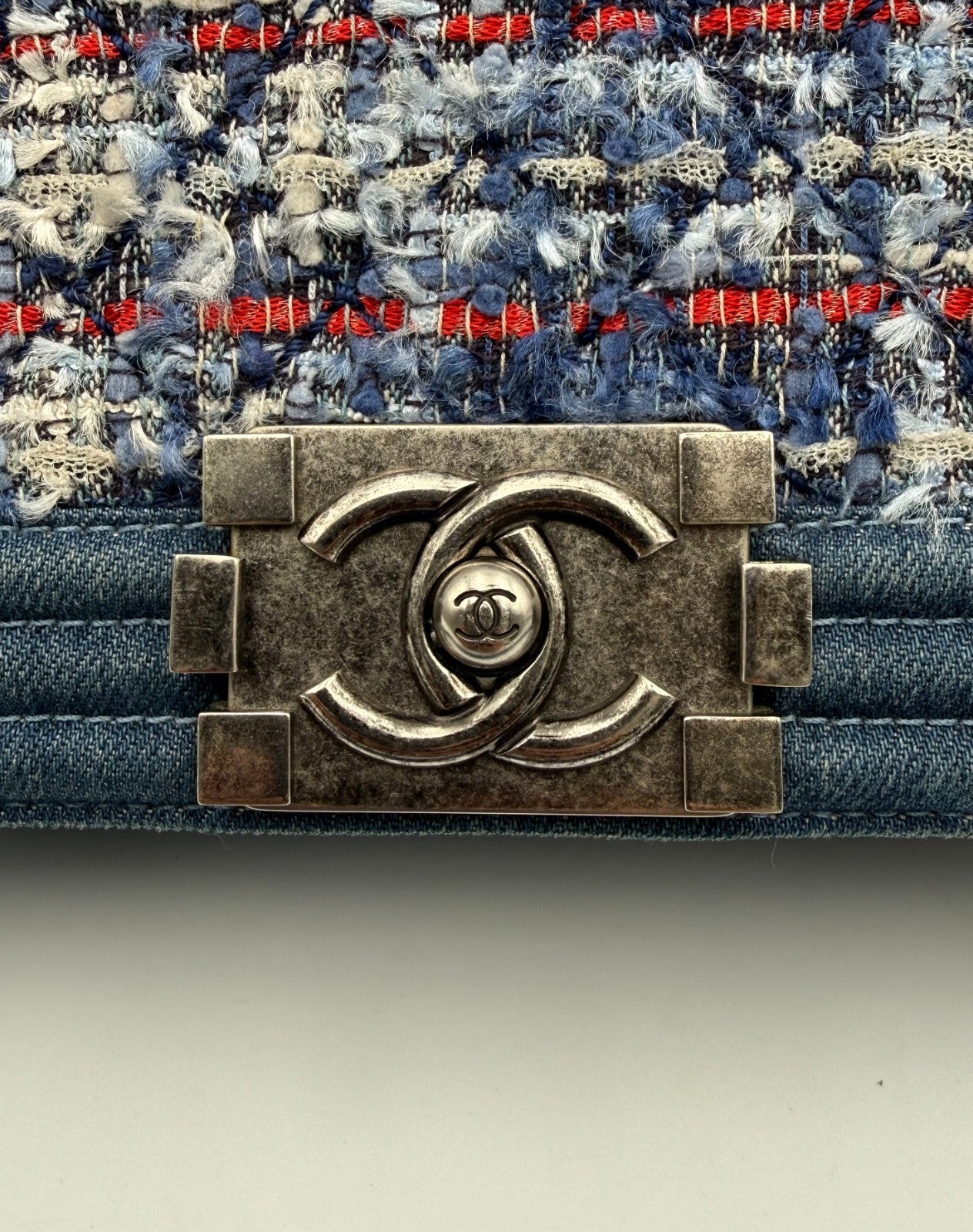 Chanel Shoulder Bag Boy Medium Navy Blue Denim Tweed Streetwear Authentic