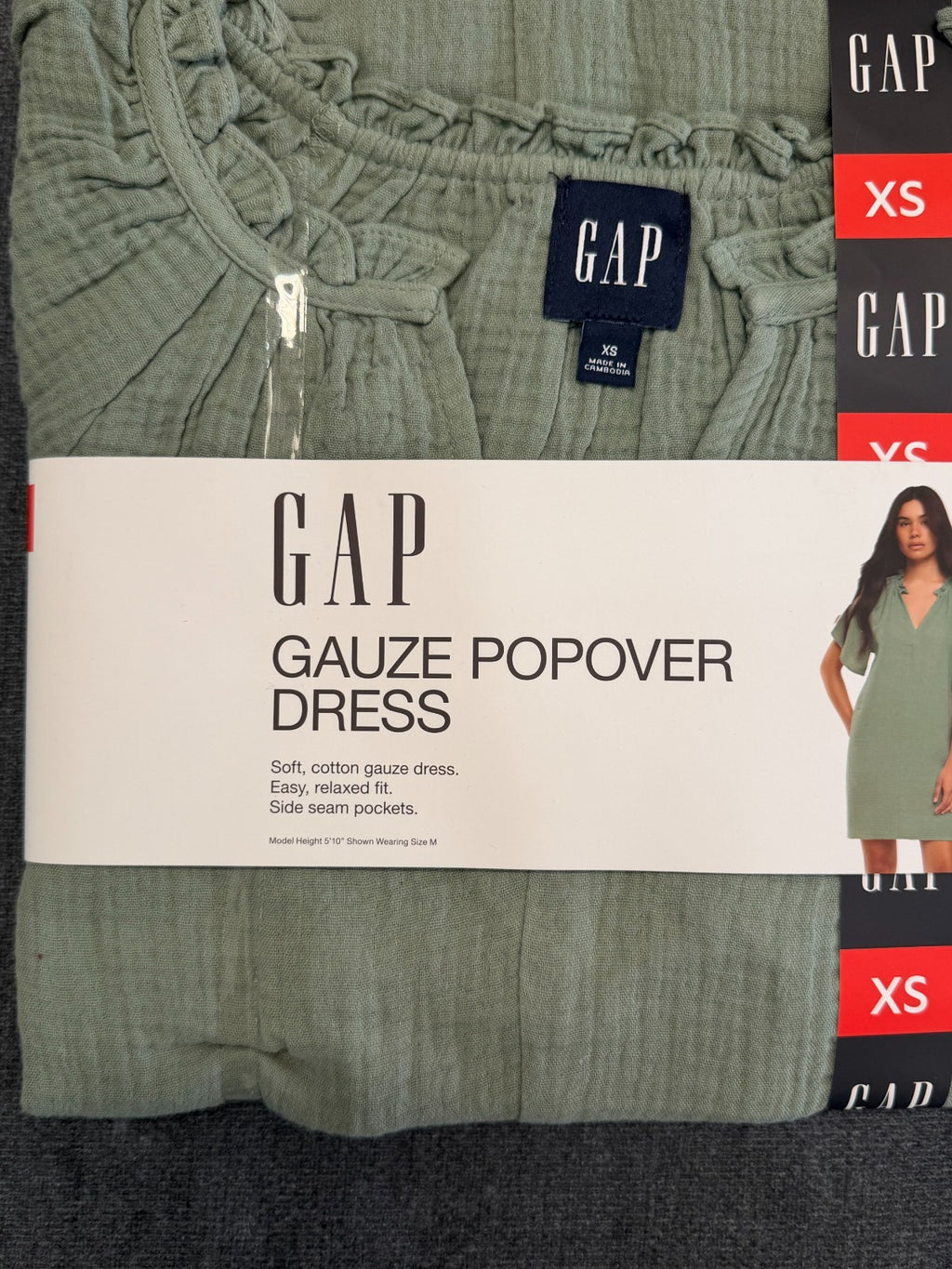 NWT Gap Gauze Popover Dress Women XS Green Short Sleeve Deep V-Neck 100% Cotton