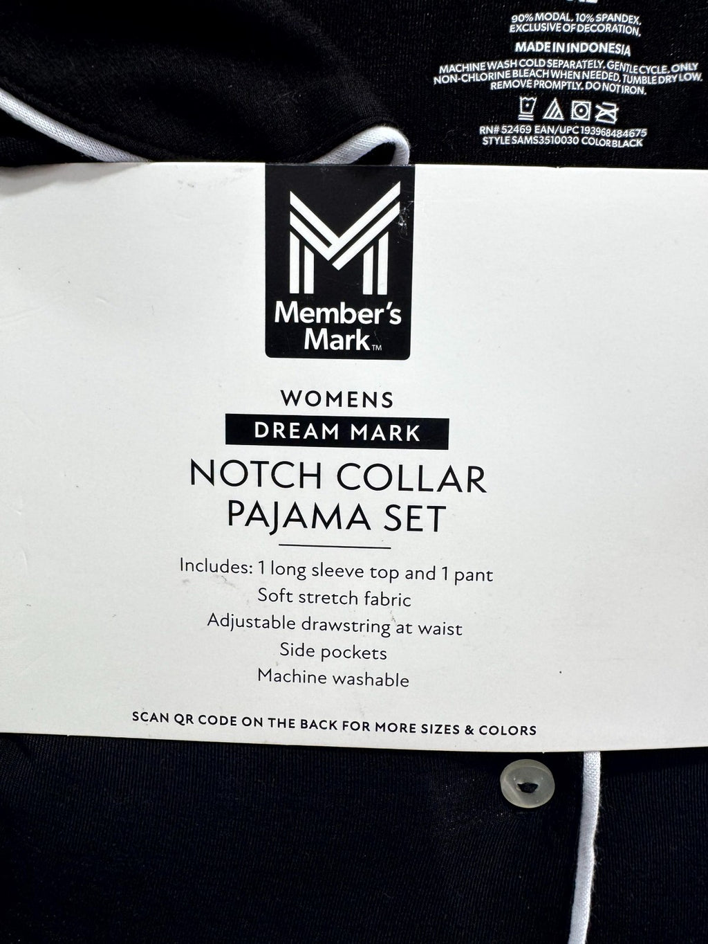 NEW Members Mark Notch Collar Pajama Set 2-Piece Women's XL Black Long-Sleeve