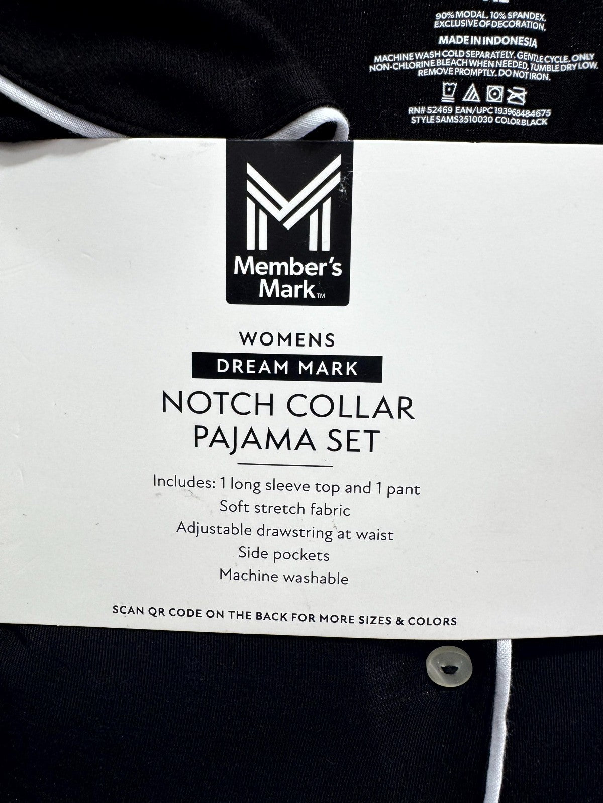 NEW Members Mark Notch Collar Pajama Set 2-Piece Women's XL Black Long-Sleeve
