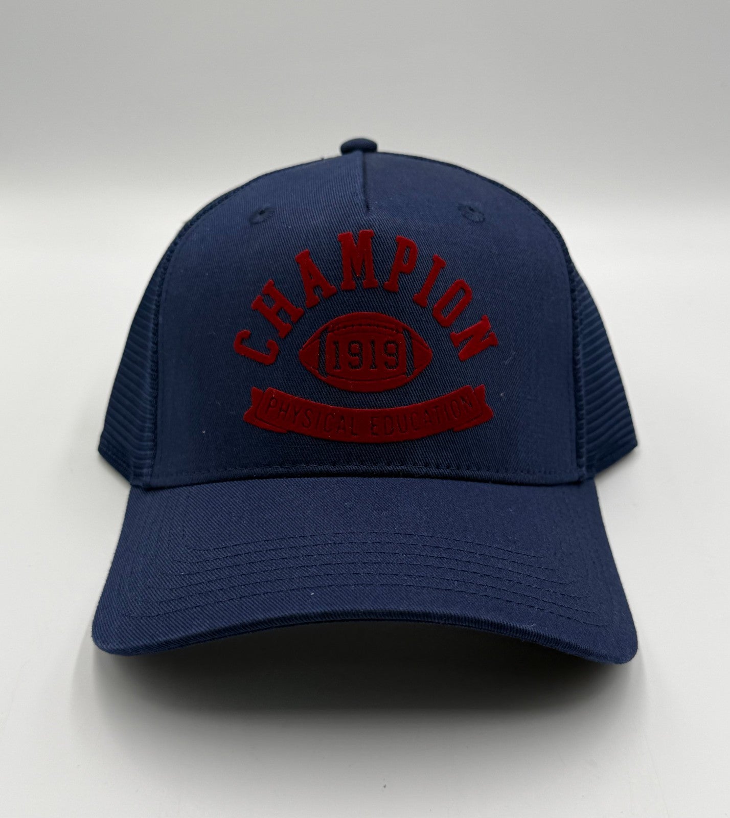 Champion 1919 Physical Education Trucker Hat Navy Blue Mesh Adjustable Snapback
