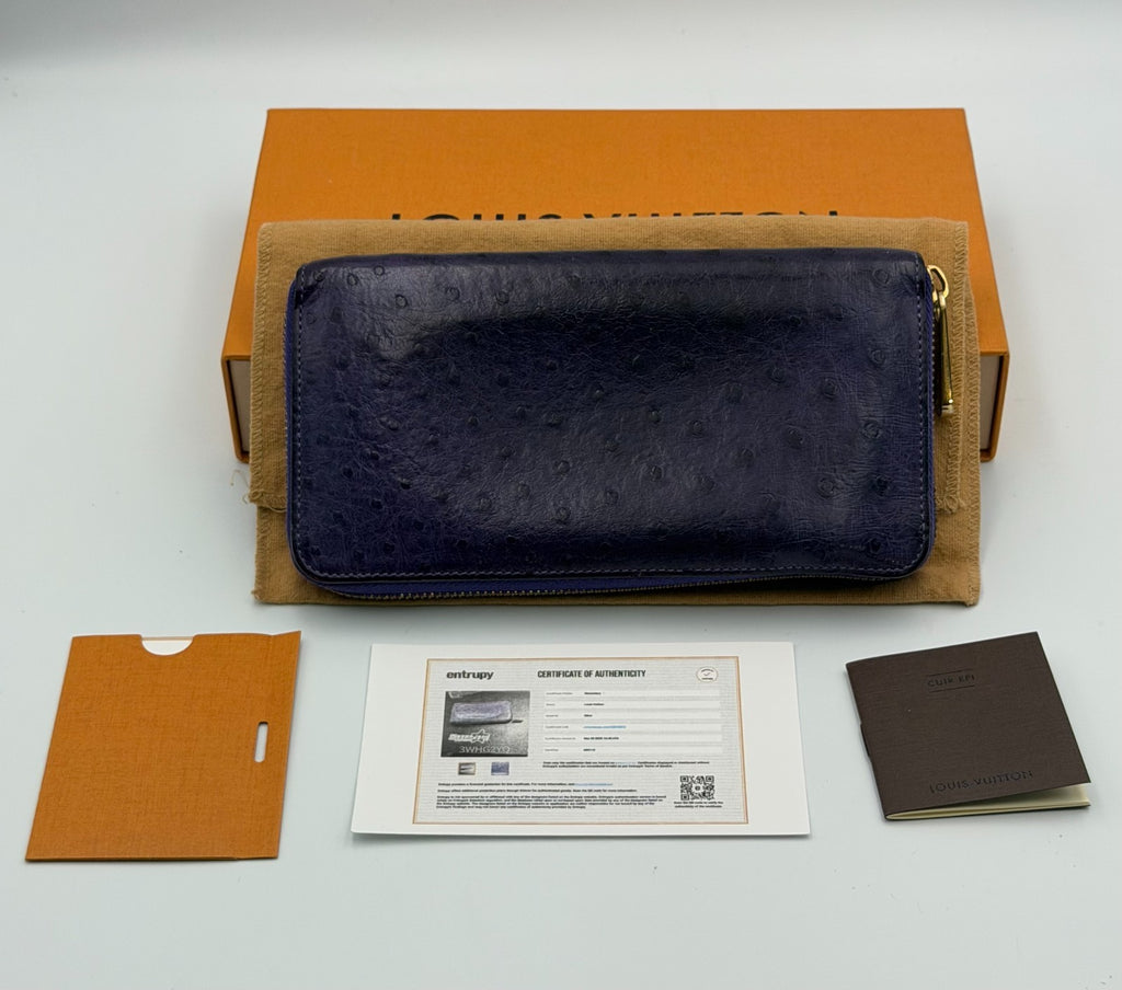 Louis Vuitton Monogram Zippy Organizer Wallet Women's Blue Ostrich Leather