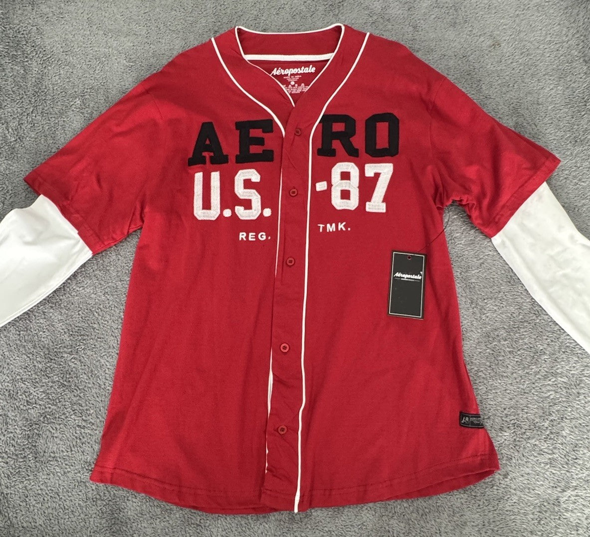 Aeropostale Button Up Baseball Sports Mens Size Large Red/ White Long Sleeve NWT