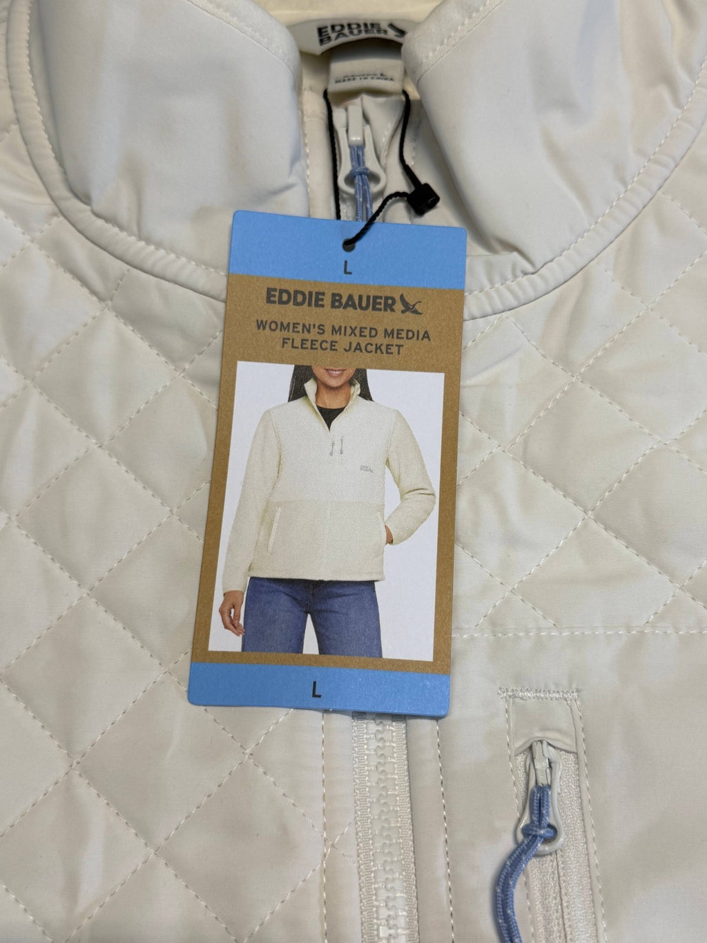 Eddie Bauer Mixed Media Fleece Jacket Women's Large White Cream Full Zip Casual