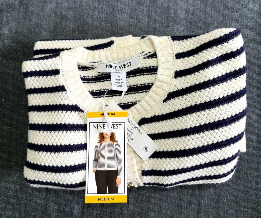 NWT Nine West Cropped Cardigan Sweater Women's Medium White Navy Striped Classic