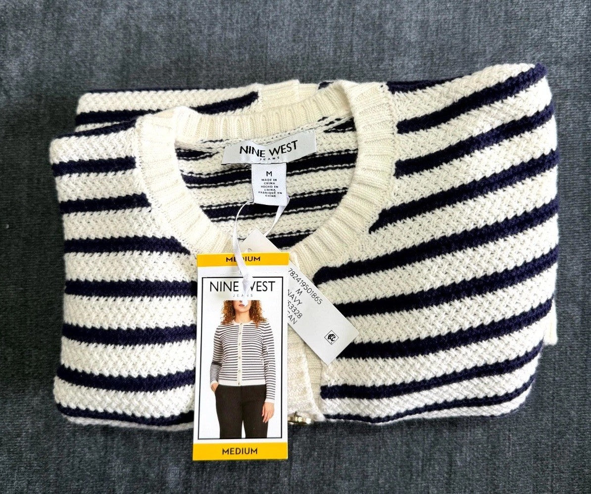 NWT Nine West Cropped Cardigan Sweater Women's Medium White Navy Striped Classic