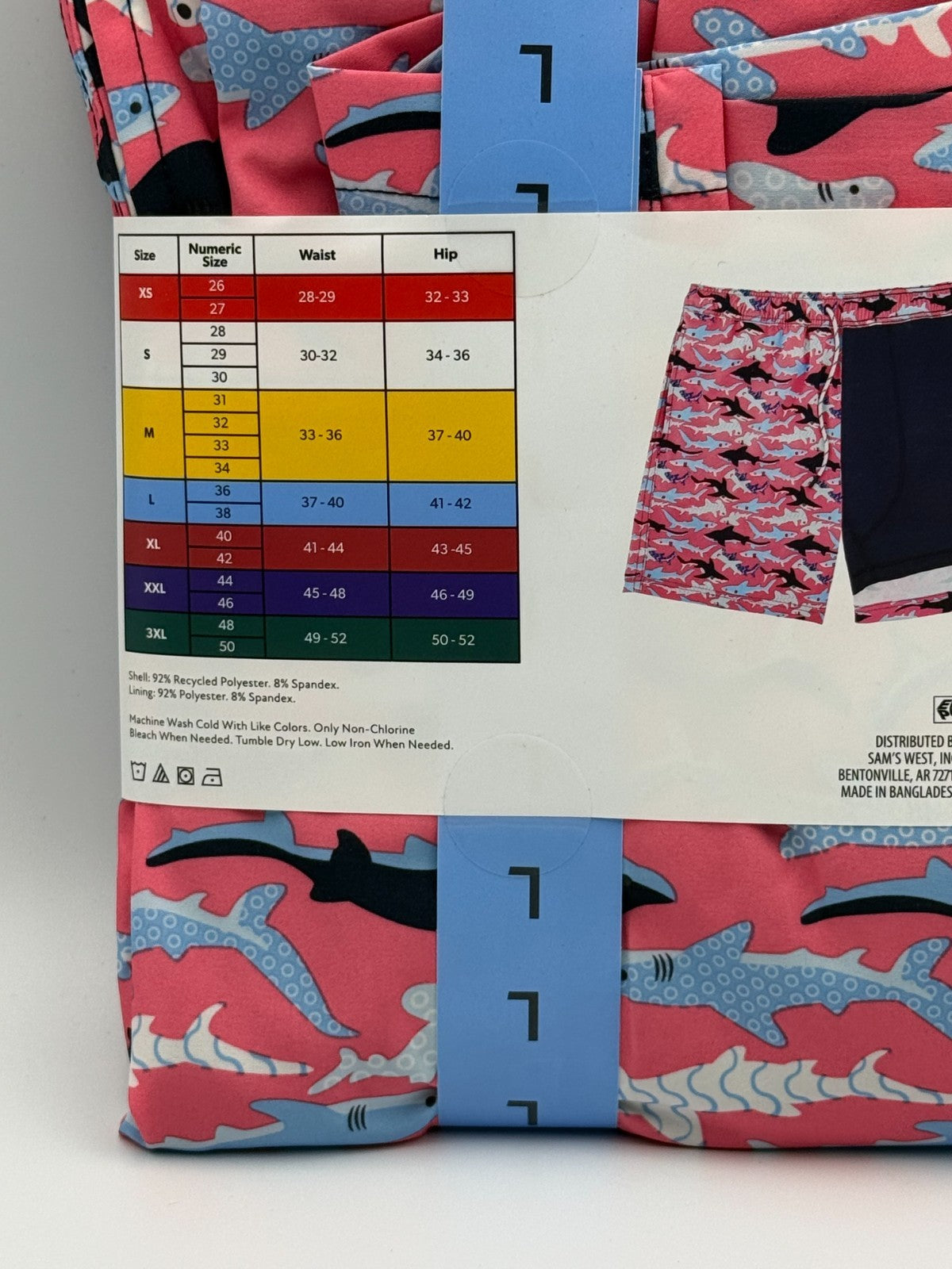 NWT Member's Mark Resort Swim Trunk Men Large Pink Shark Print UPF 50 7" Inseam