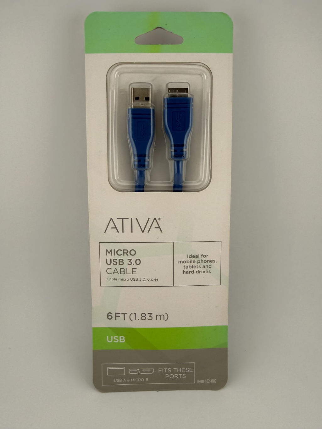 NEW Ativa 487-002 Blue USB-A to Micro-B Charging Sync 6ft Micro USB 3.0 Cable