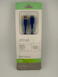 NEW Ativa 487-002 Blue USB-A to Micro-B Charging Sync 6ft Micro USB 3.0 Cable