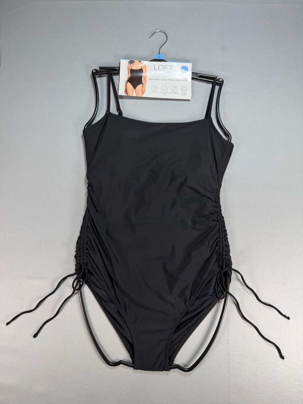 Loft Shirred Side Tie One-Piece Swimsuit Women's Large Black Sleeveless Summer