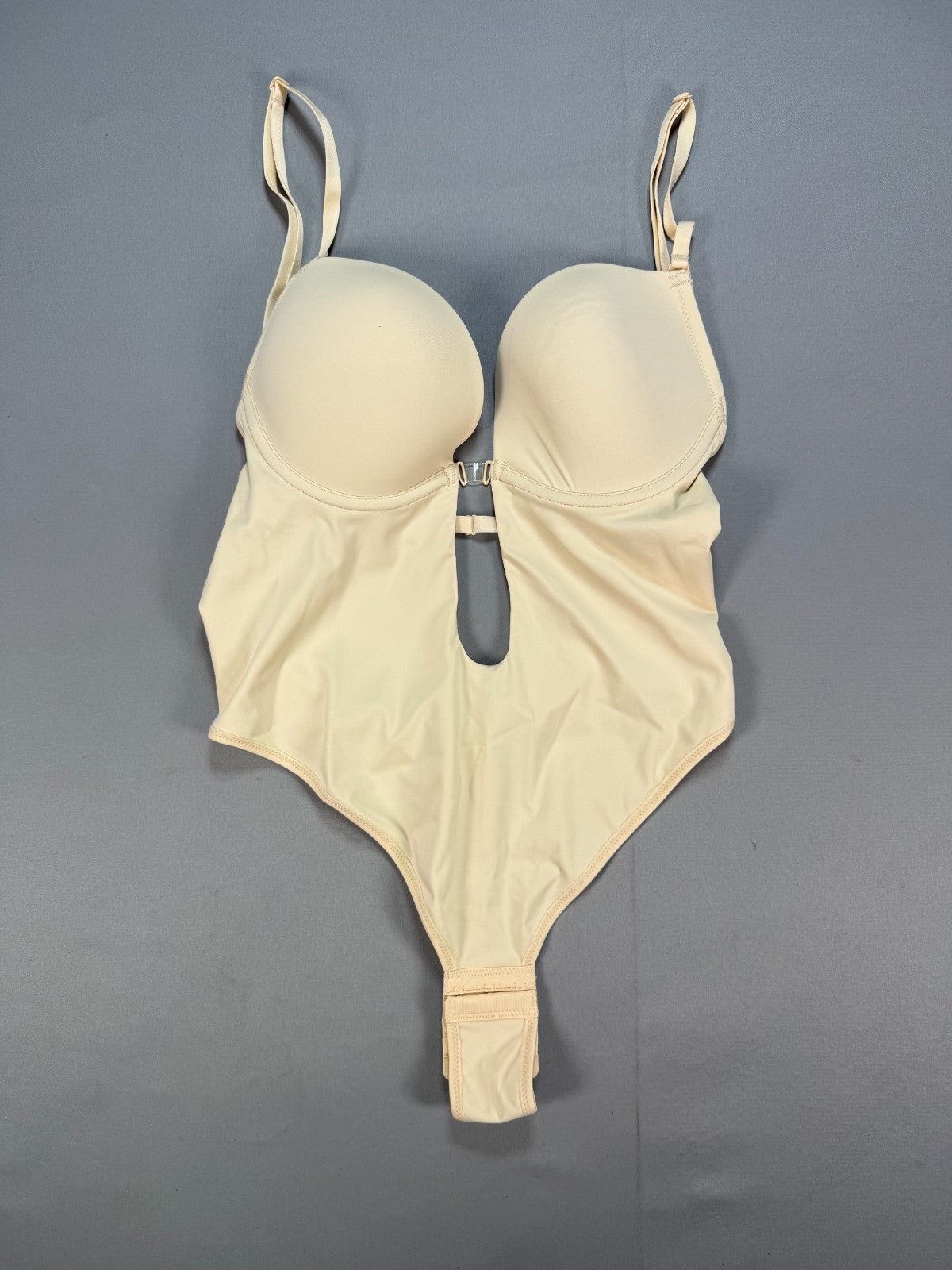 Women's Nude Medium Backless U Plunge Low Cut Clear Strap Shapewear Bodysuit