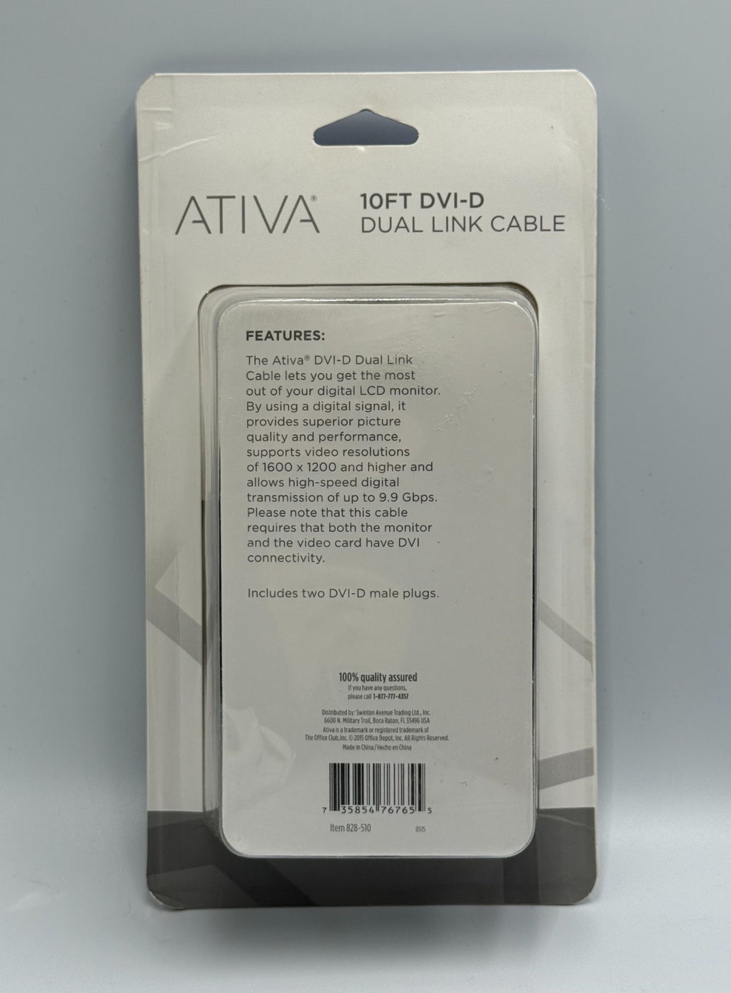 New Ativa 10 Foot DVI-D Dual Link Male to Male Digital Video Cable - 1600x1200