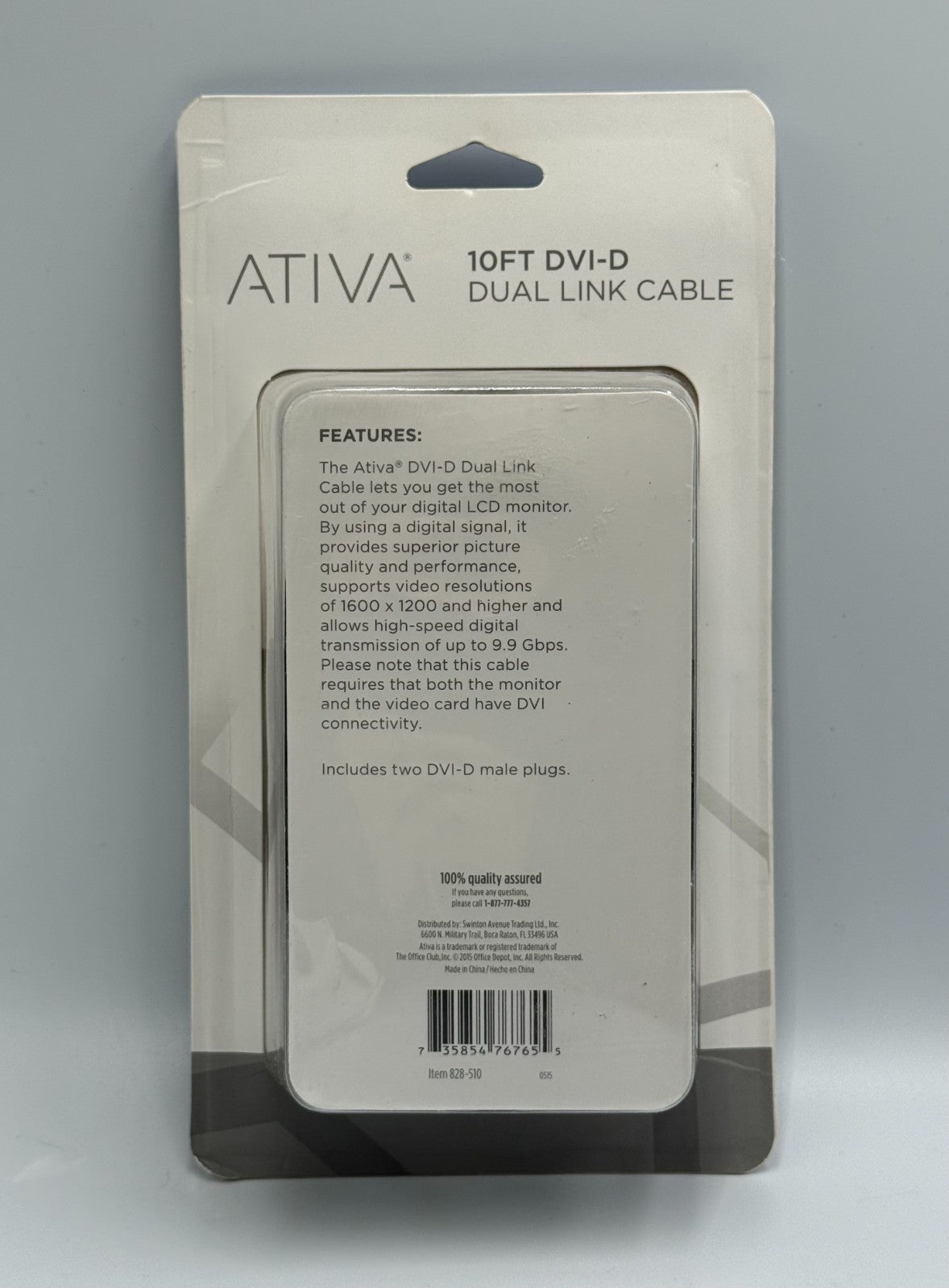 New Ativa 10 Foot DVI-D Dual Link Male to Male Digital Video Cable - 1600x1200