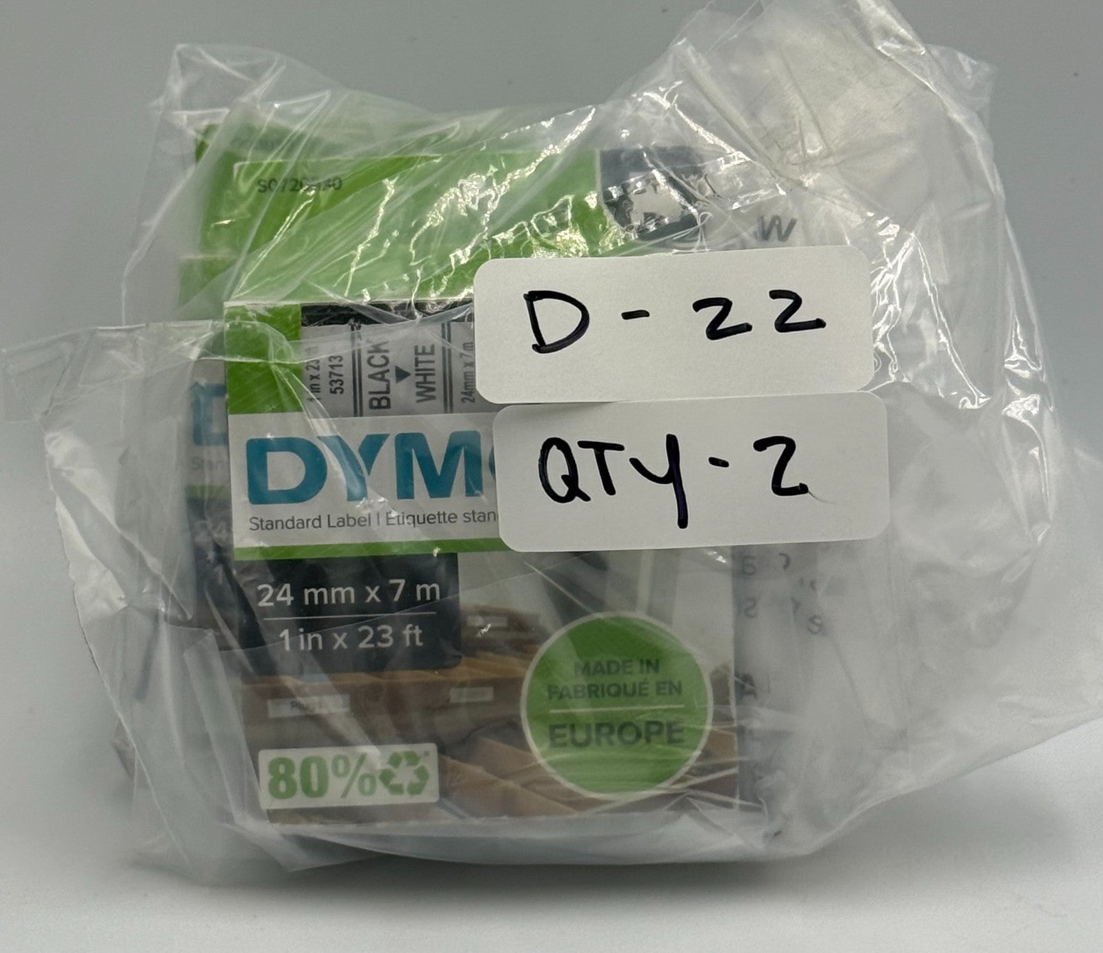 NEW DYMO D1 53713 S0720930 Standard Label Tape Black on White - 24mm 1" x 23ft