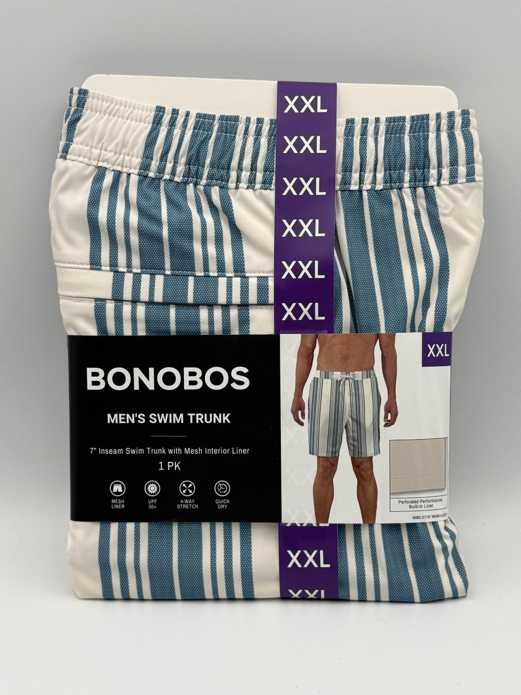 NWT Bonobos Swim Trunks Men's 2XL White Blue Striped Drawstring Summer Beach
