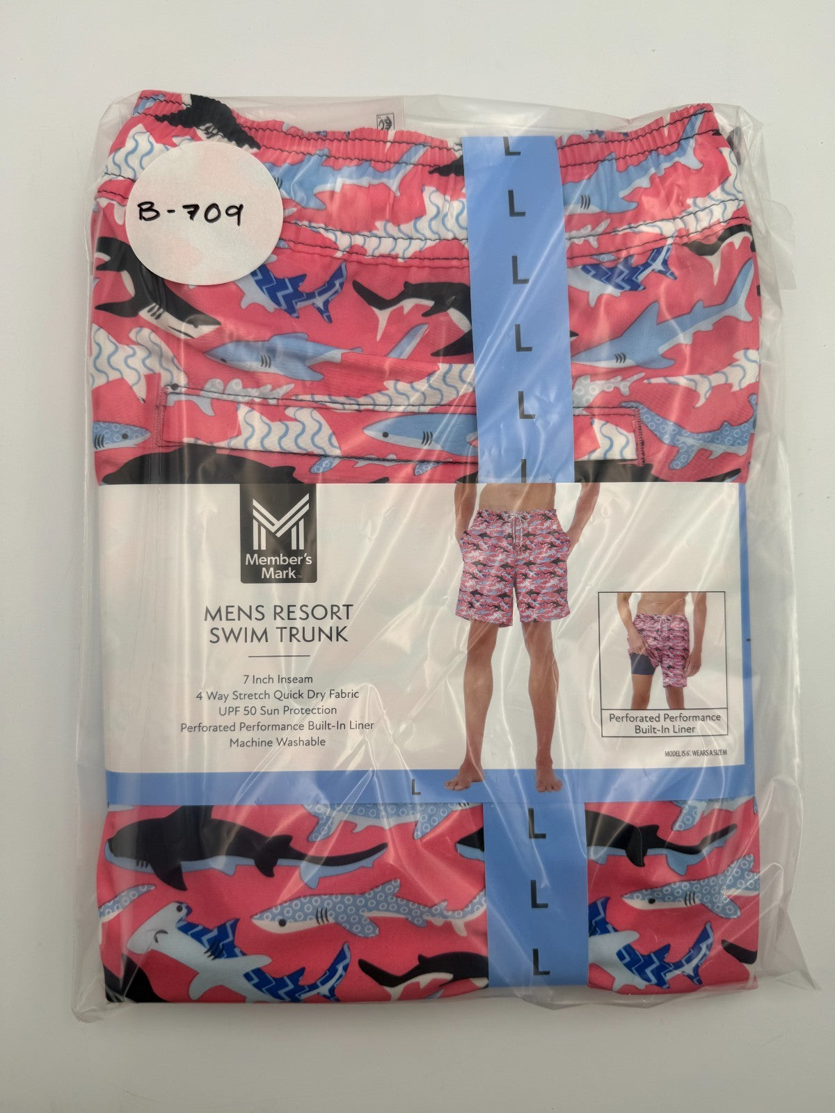 NWT Member's Mark Resort Swim Trunk Men Large Pink Shark Print UPF 50 7" Inseam