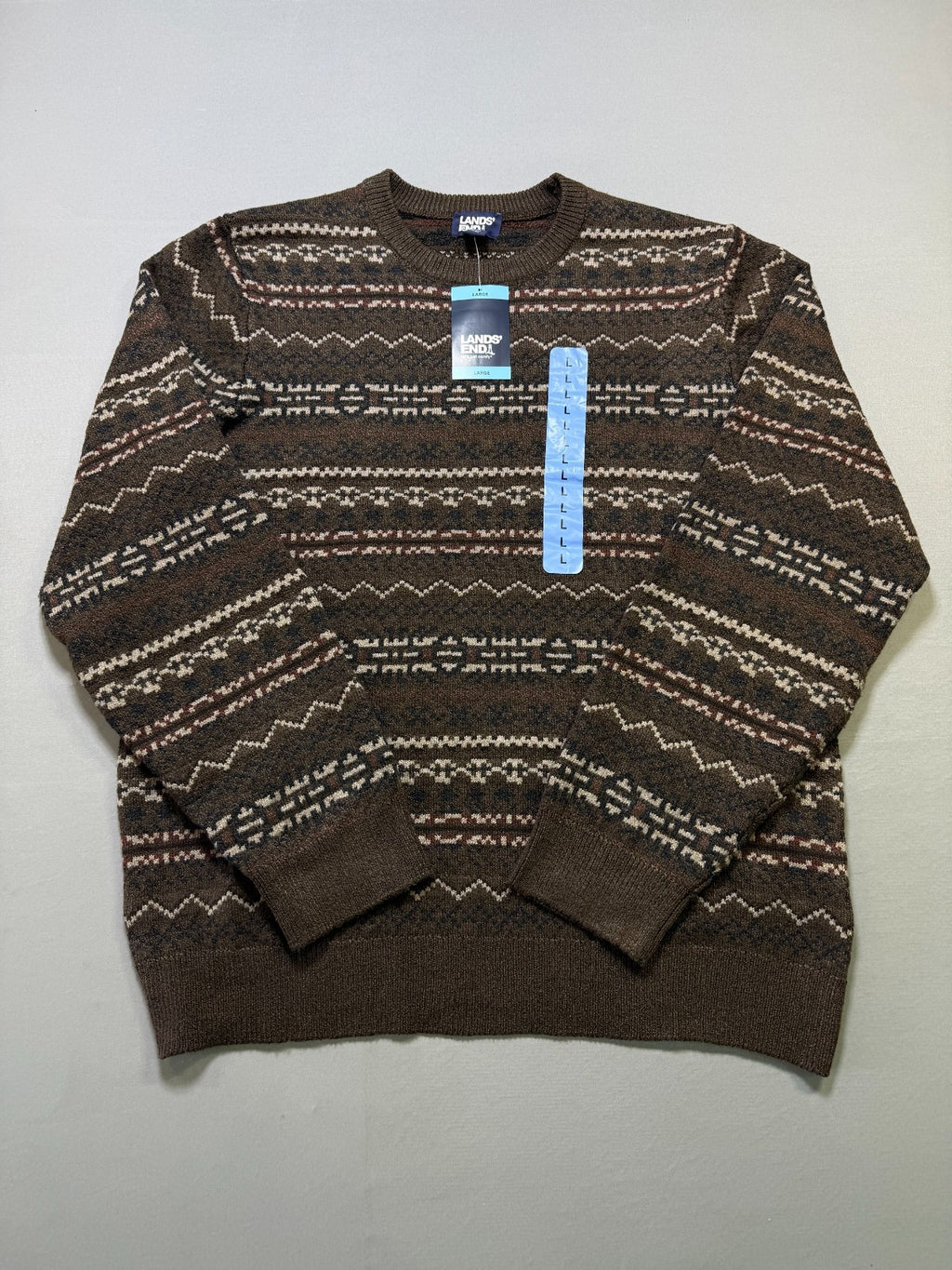 NWT Land's End Fair Isle Sweater Men's Large Brown Knitted Crew Neck Long Sleeve