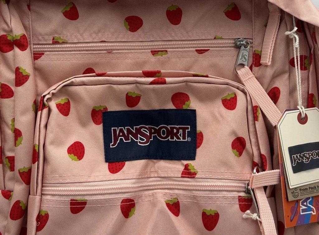 NWT JanSport Big Student Backpack Strawberry Shower Pink Fruit Print 15" Laptop