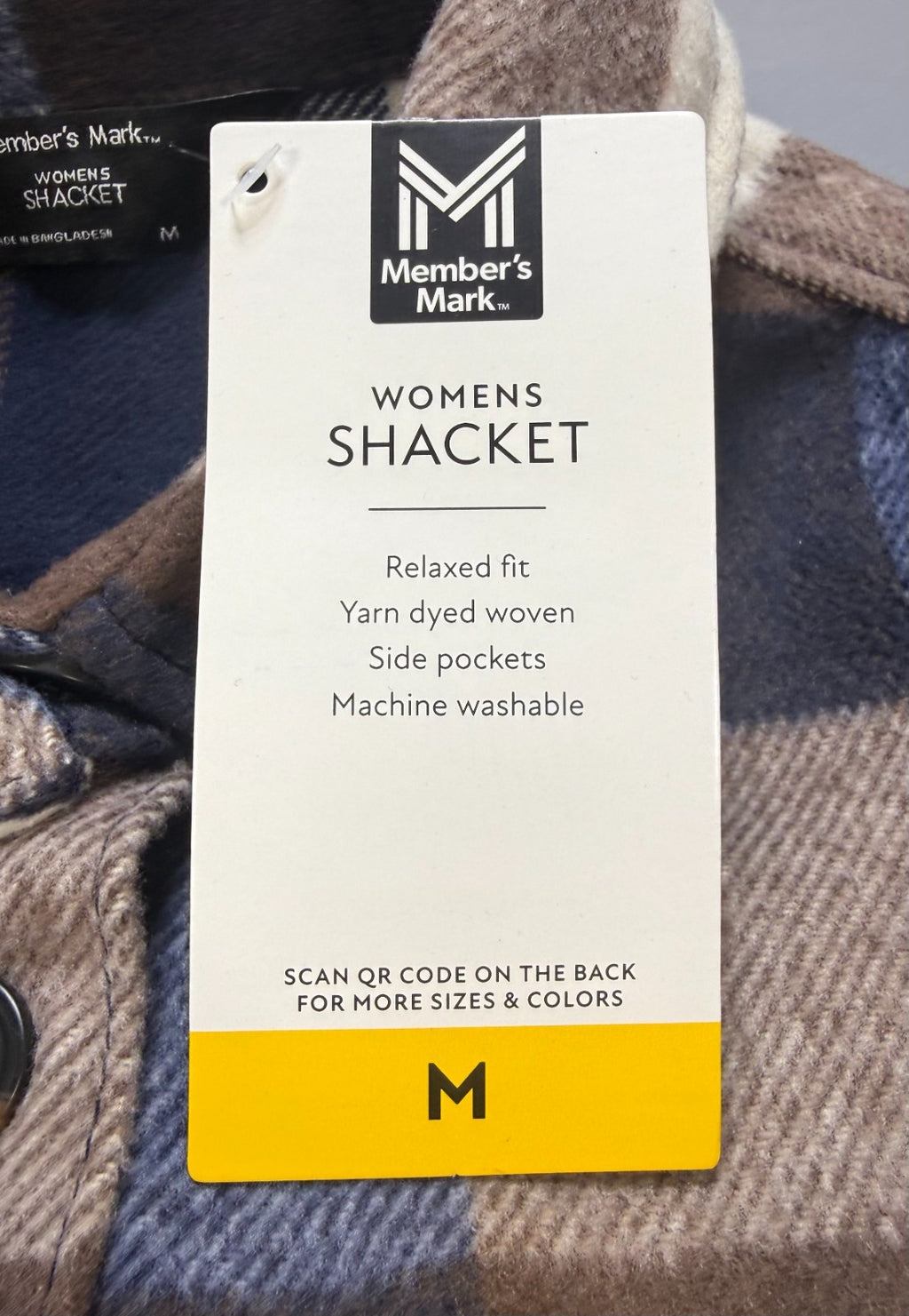 NWT Member's Mark Relaxed Fit Shacket Womens Medium Brown Blue Plaid Long Sleeve