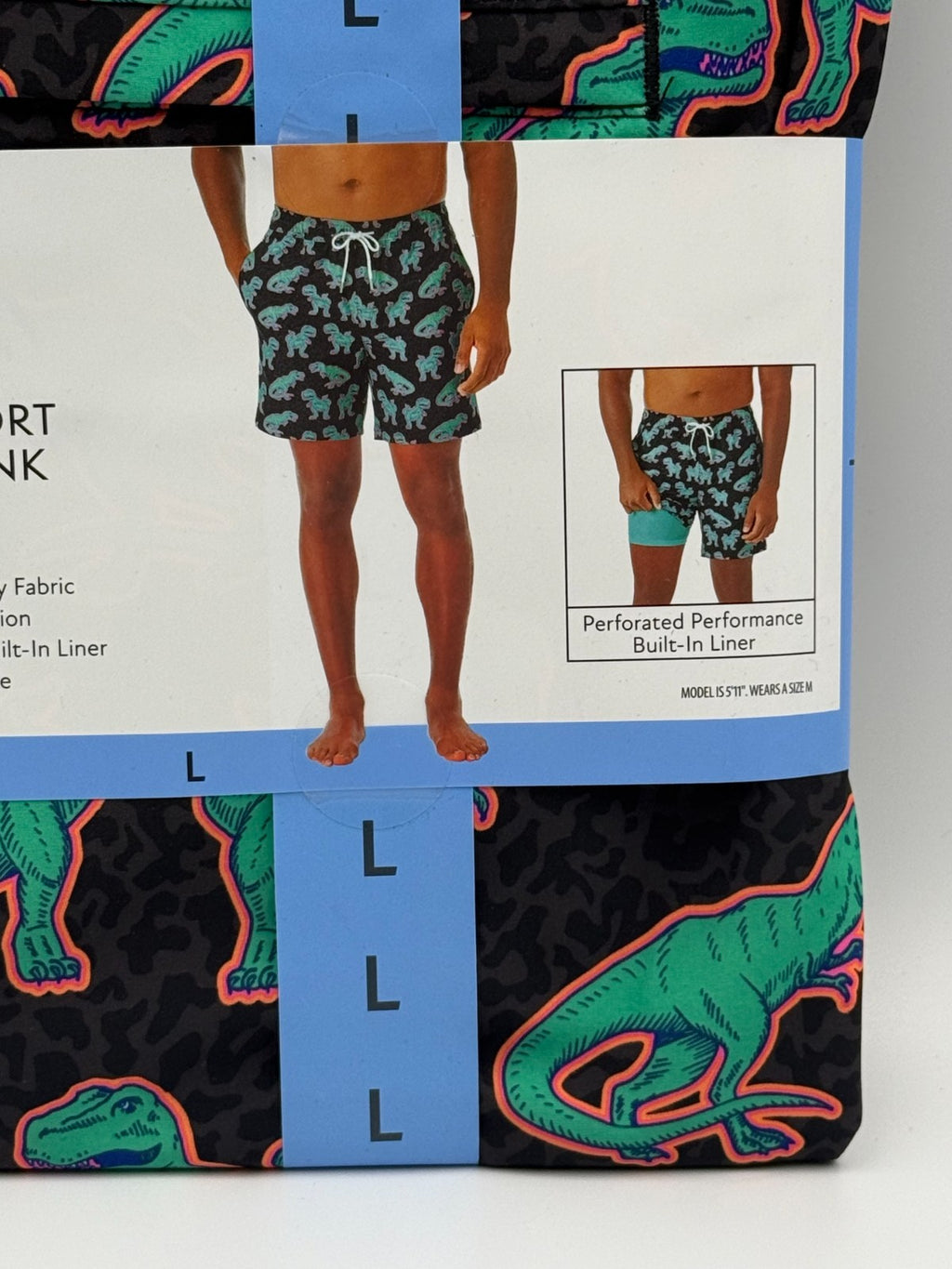 NWT Member's Mark Resort Swim Trunks Men's Large Black Dinosaur Lined 7" Inseam