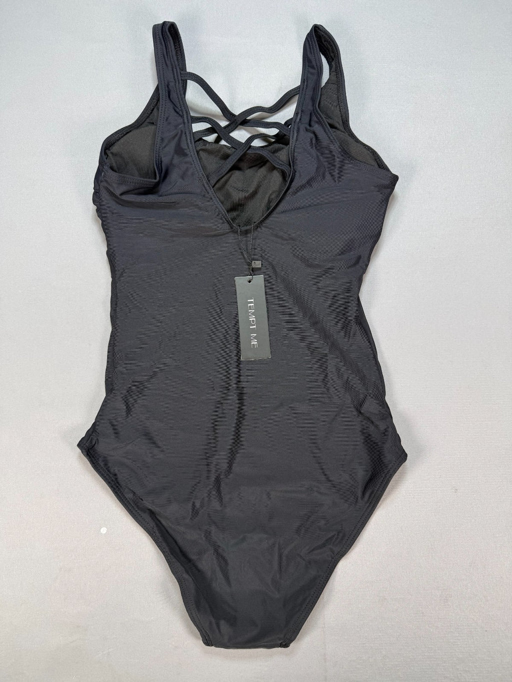 NWT Tempt Me Women One Piece Swimsuit Women's XS Black Ruched Tummy Criss Cross