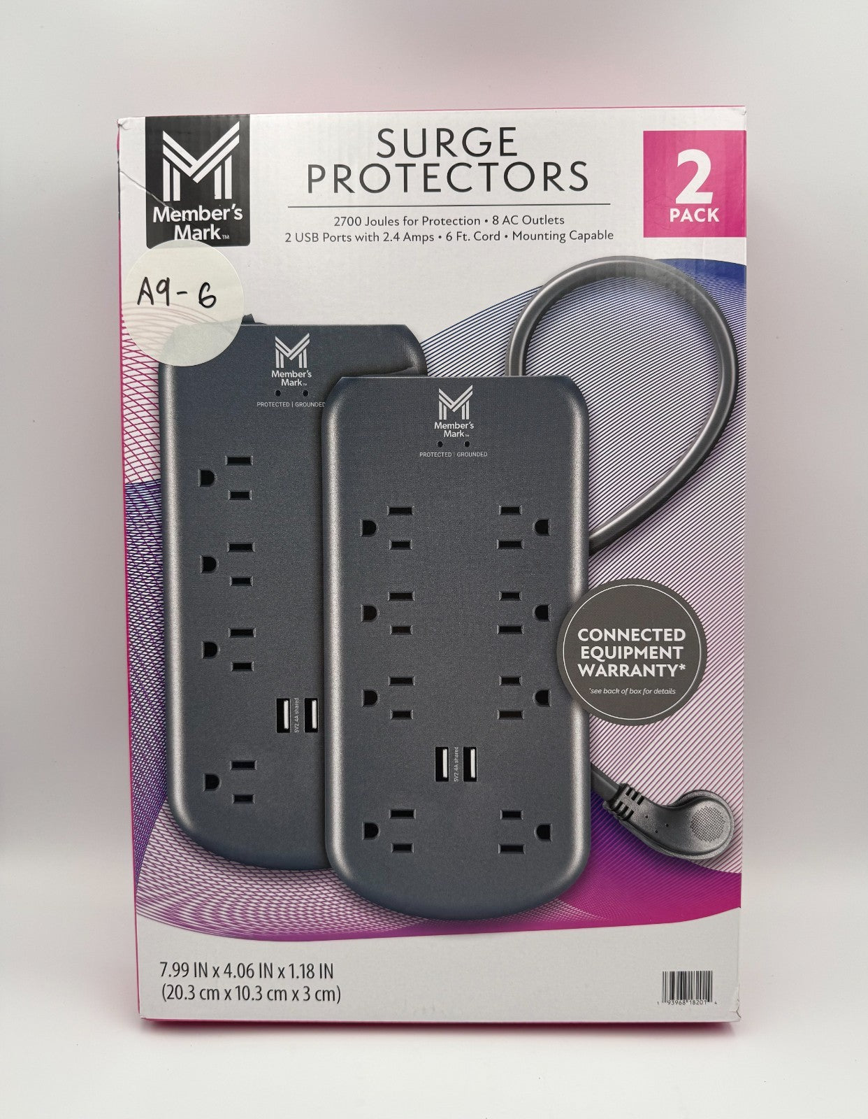 Member's Mark 8 AC Outlets 2 USB Ports 2700 Joules 6ft Surge Protectors - 2 Pack