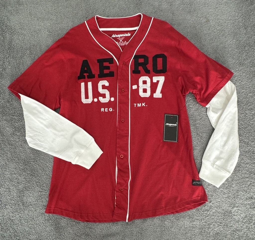 Aeropostale Button Up Baseball Sports Mens Size Large Red/ White Long Sleeve NWT