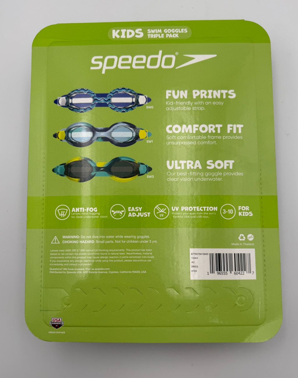New Speedo Swim Goggles Kids 3-10 Blue Anti-Fog 100% UV Protection - Pack Of 3