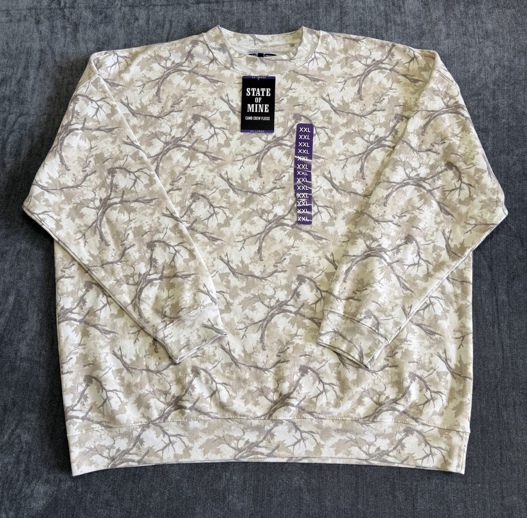NWT State of Mine Camo Crewneck Fleece Sweatshirt Men's 2XL White Camo Comfort