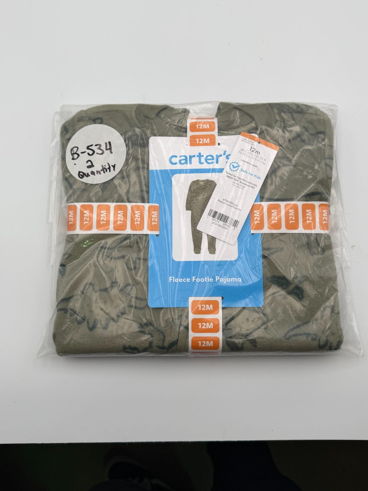 NWT Carter's Fleece Footie Pajama Set Baby 12M Green Dinosaur Snug Fit Comfort