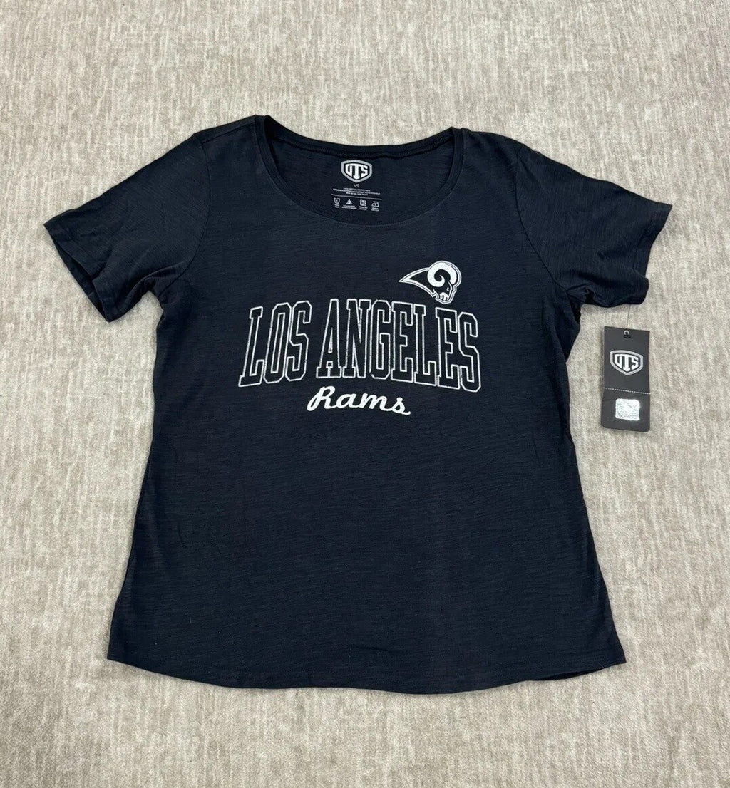 OTS NFL Los Angeles Rams Women's L Fall Navy Blue Shirt Slub Scoop Distressed