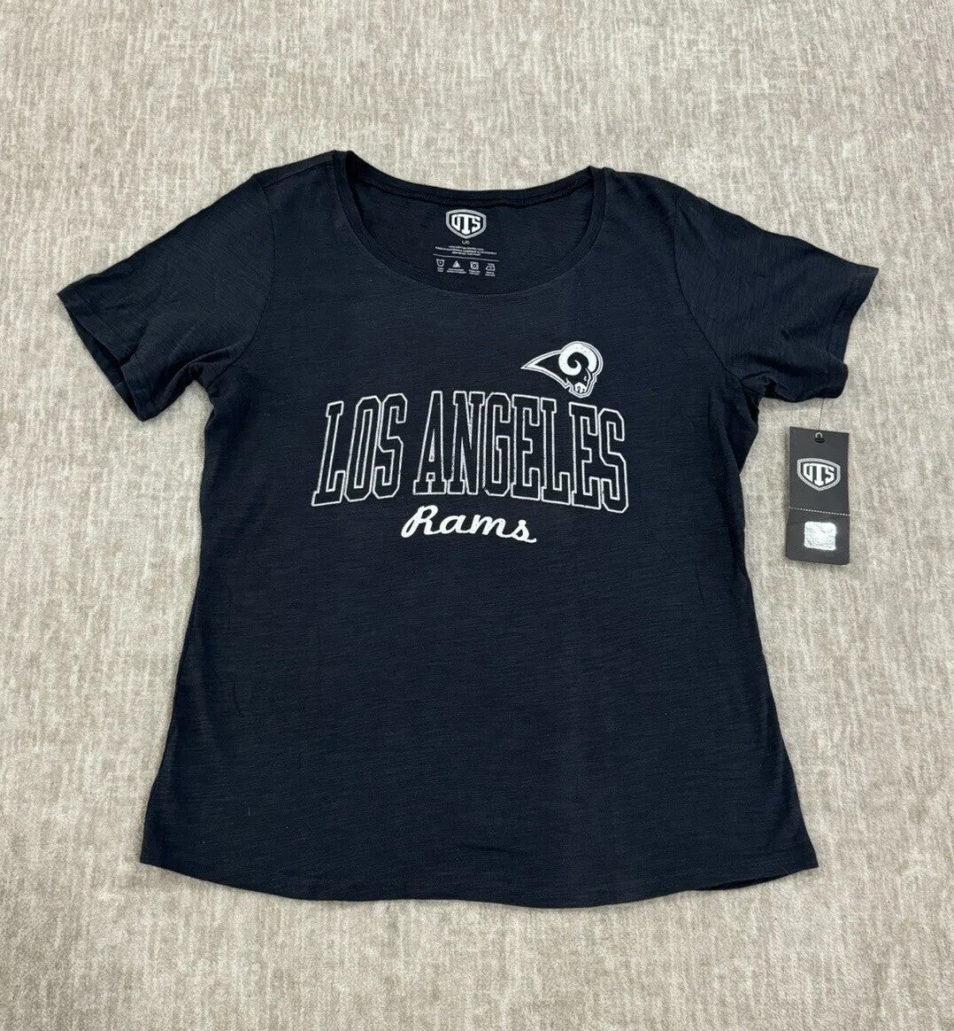 OTS NFL Los Angeles Rams Women's L Fall Navy Blue Shirt Slub Scoop Distressed