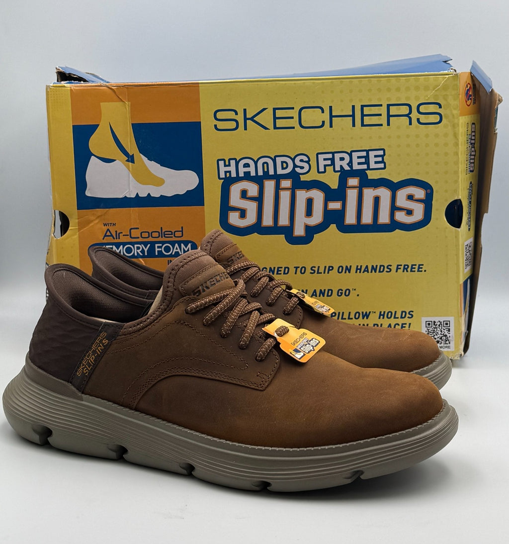 New Skechers Garza Gervin Slip in Sneakers Men's 8.5 Dark Brown Low Top Leather