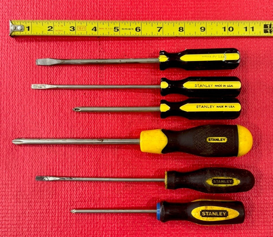 Vintage STANLEY 6 PC Flat & Philips Screwdriver Set Yellow & Black Handle USA