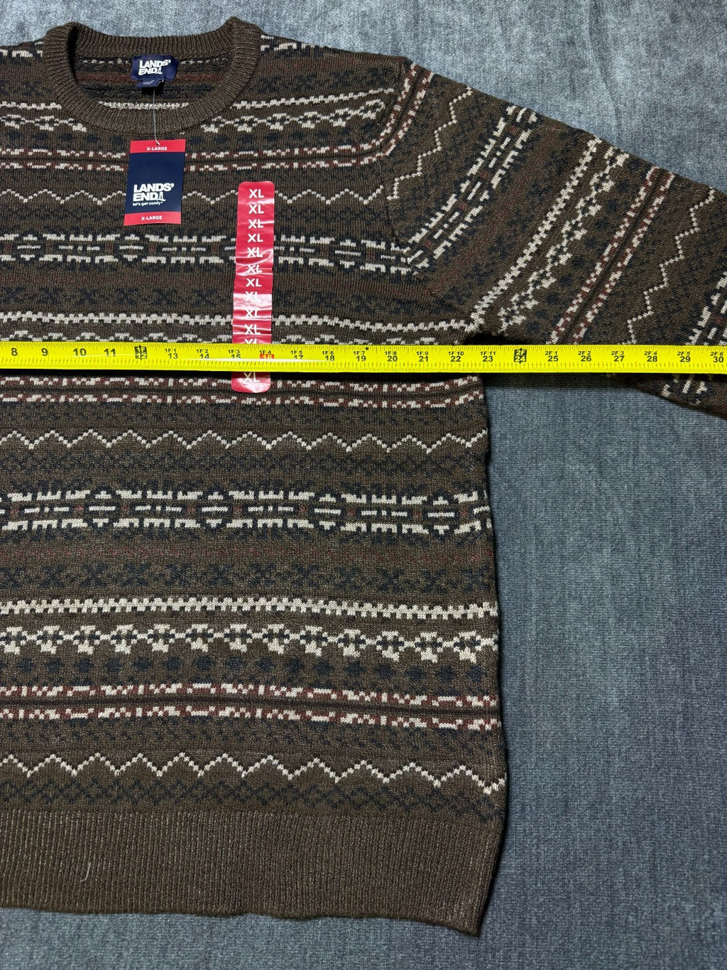 NWT Lands' End Fair Isle Sweater Men's XL Brown Tight-knit Long Sleeve Crew Neck