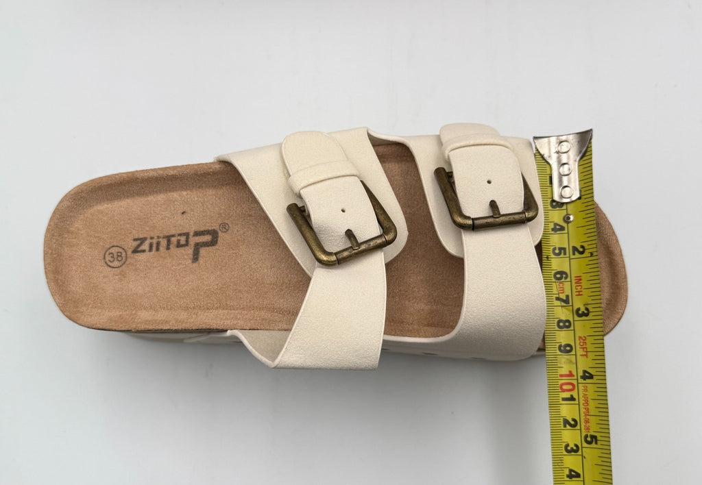 New Ziitop Double Buckle Flat Footbed Sandal Women's 7 Beige Leather Platform
