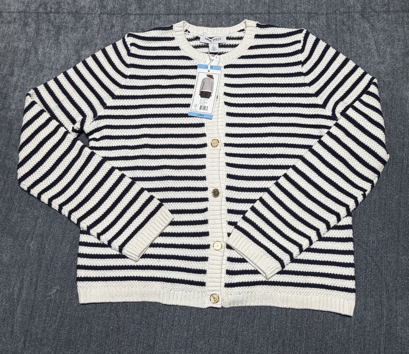 NWT Nine West Cropped Cardigan Sweater Women's Large White Navy Striped Classic