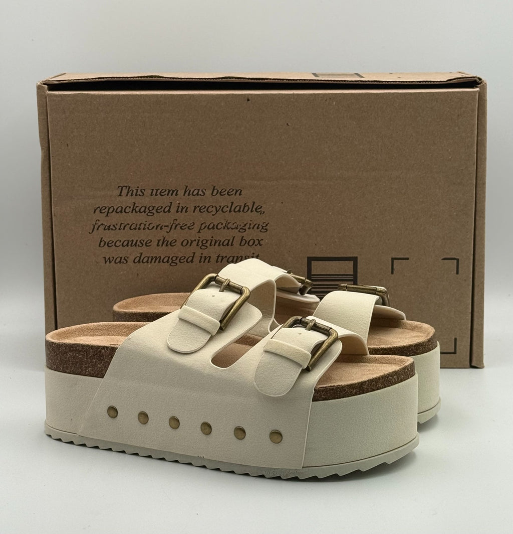 New Ziitop Double Buckle Flat Footbed Sandal Women's 7 Beige Leather Platform