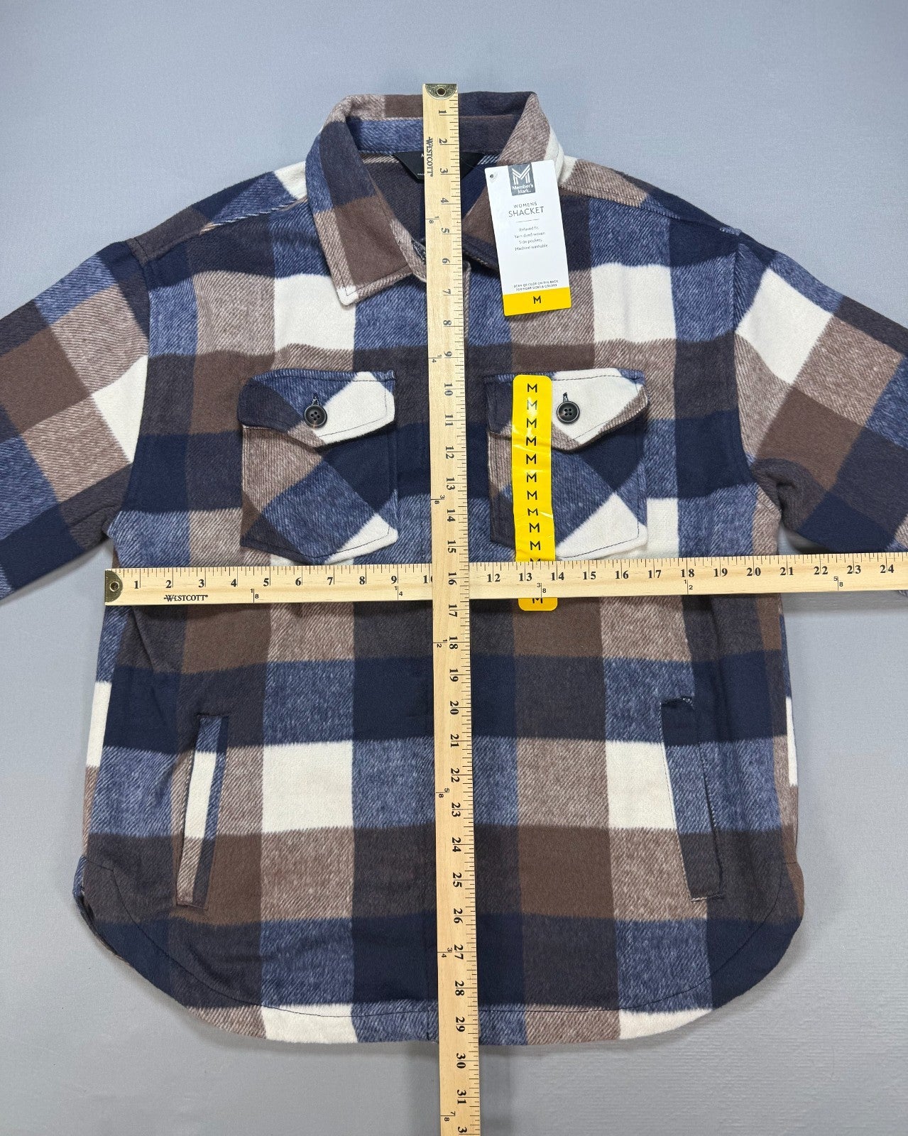 NWT Member's Mark Relaxed Fit Shacket Womens Medium Brown Blue Plaid Long Sleeve
