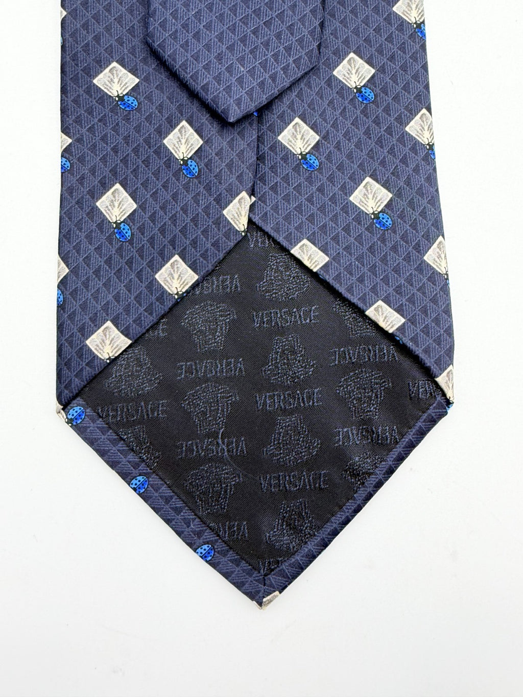 Vintage Versace Silk Necktie Men's Blue Geometric Diamond Pattern Luxury Tie