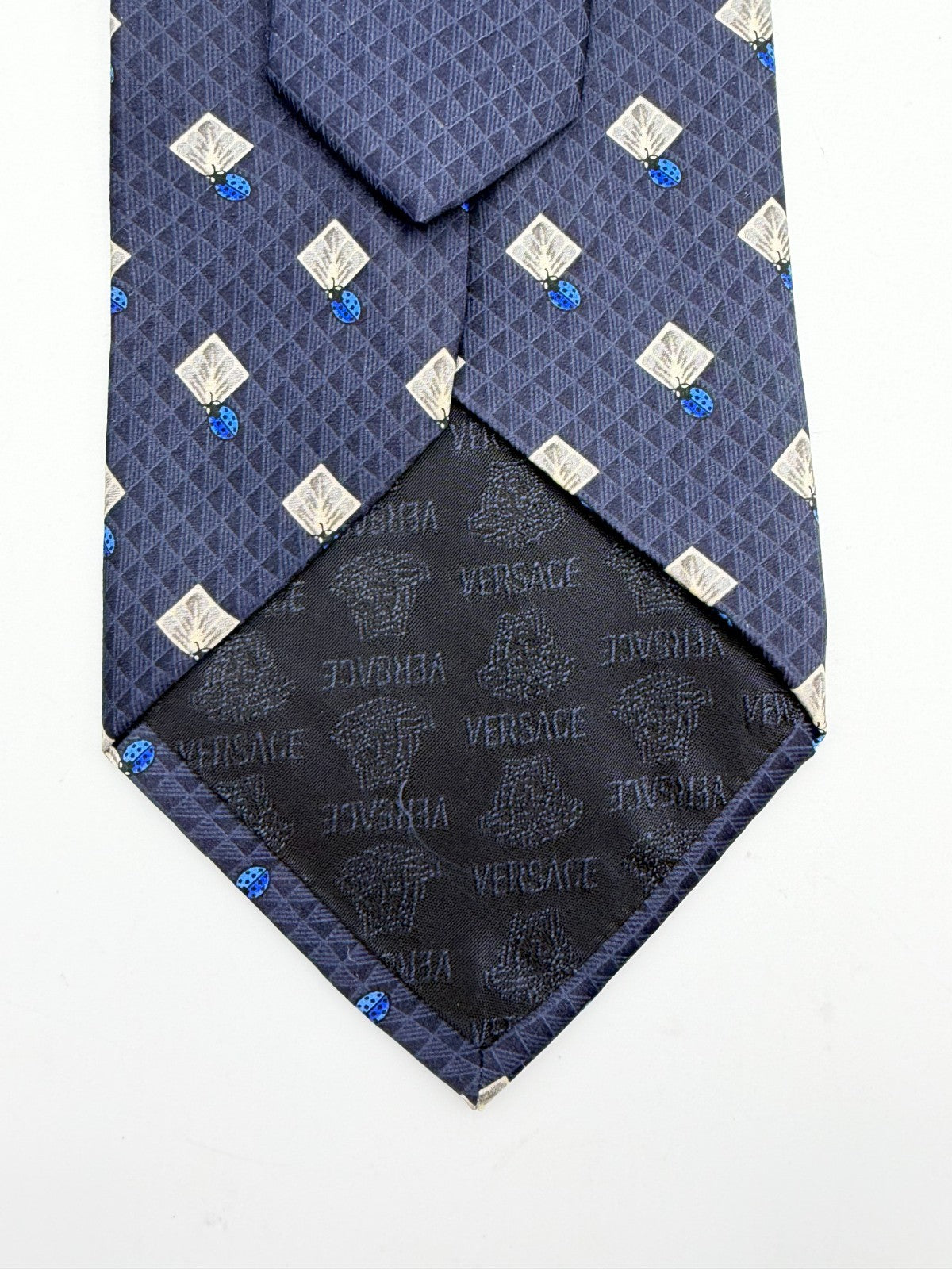 Vintage Versace Silk Necktie Men's Blue Geometric Diamond Pattern Luxury Tie