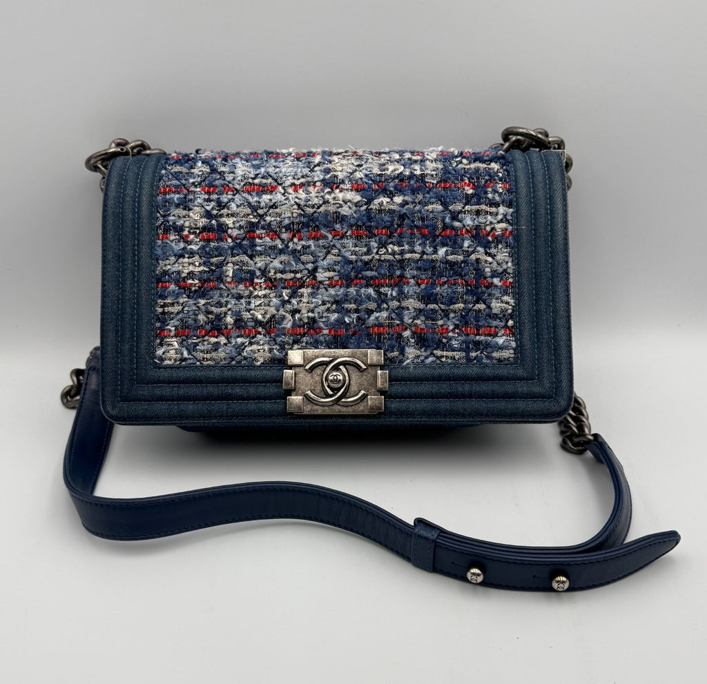 Chanel Shoulder Bag Boy Medium Navy Blue Denim Tweed Streetwear Authentic
