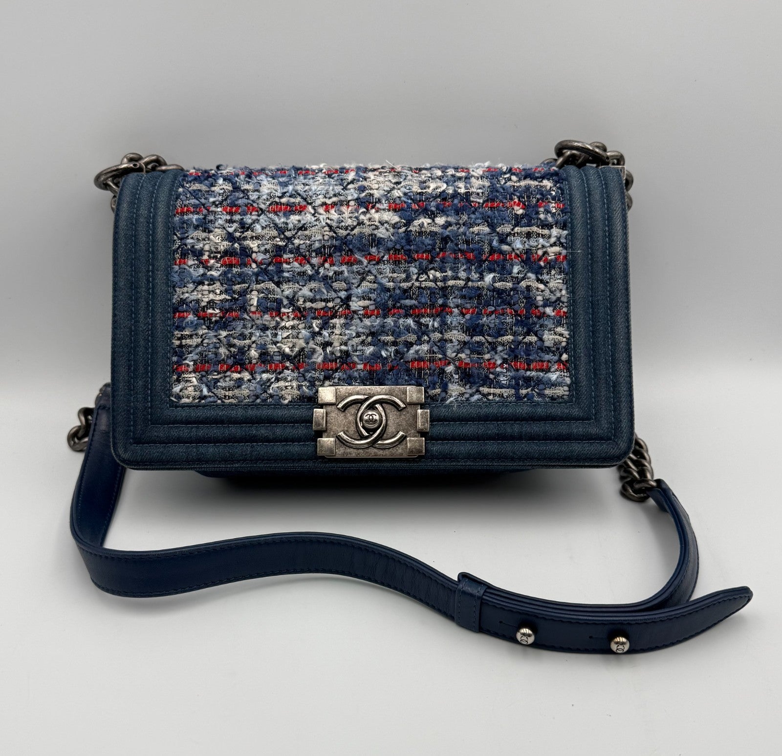 Chanel Shoulder Bag Boy Medium Navy Blue Denim Tweed Streetwear Authentic