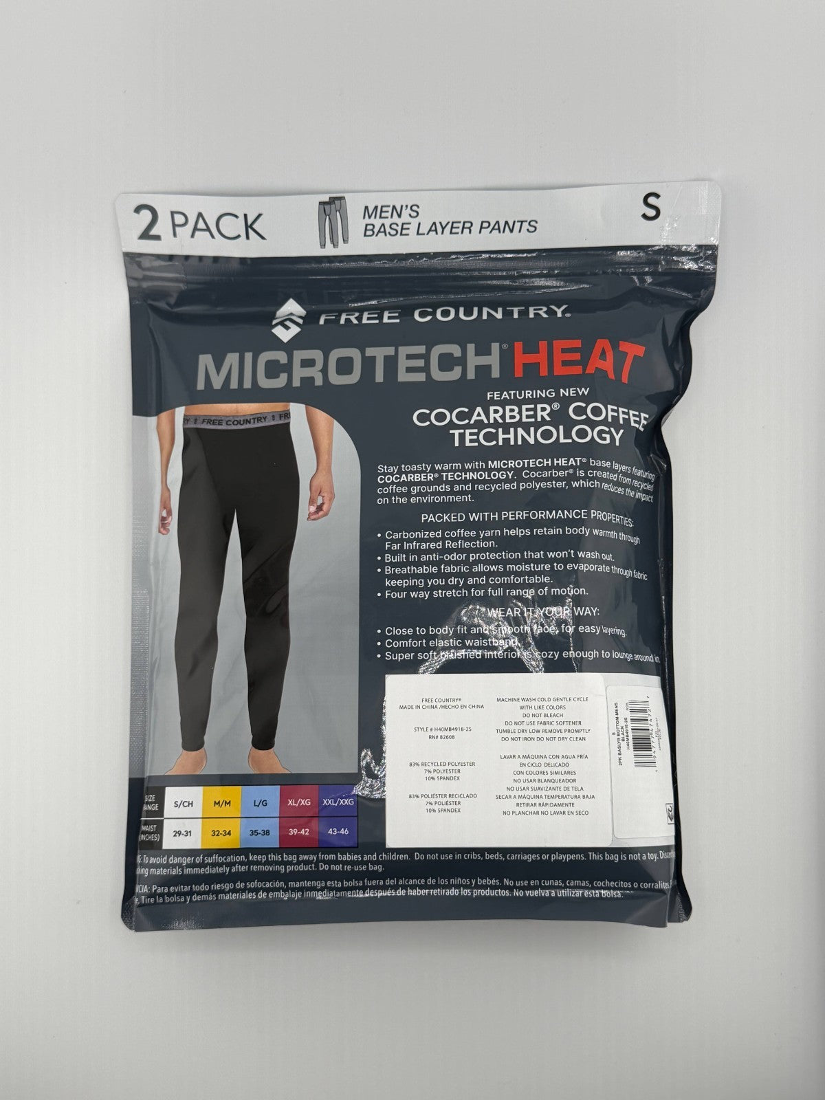 Free Country Microtech Heat Base Layer Pant Men's Small Black Stretch -Pack of 2