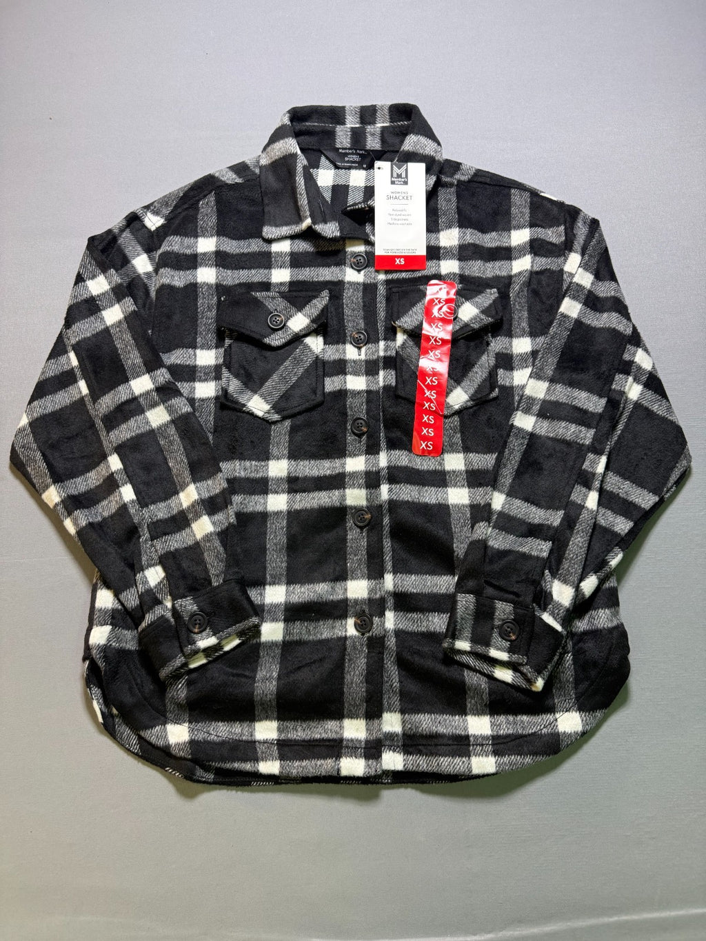 NWT Member's Mark Button-Front Plaid Shacket Women's XS Black/White Flap Pockets
